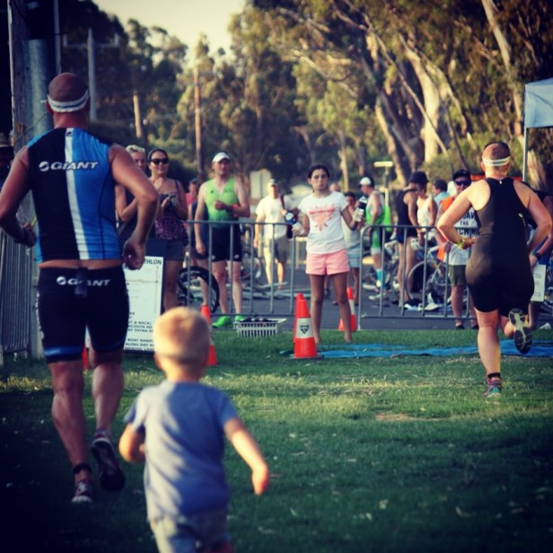 Mr Cool gave up an age group win and stopped and waited for me so we could finish together, with Mr two chasing us up the finish chute. 